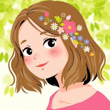 A close-up portrait of a person with medium-length brown hair adorned with colorful blossoms woven throughout. The flowers include bright pink cherry blossoms, delicate white daisies, and vibrant blue forget-me-nots. The person's face is turned slightly to the side, showcasing a soft smile and bright, expressive eyes. The background is a gentle blur of green foliage, emphasizing the floral details in the hair. The lighting is warm, highlighting the textures of the hair and the petals of the flowers.