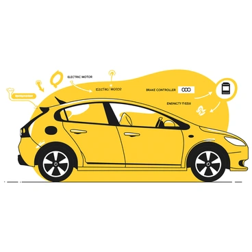 A detailed diagram of an electric car showcasing the "regenerative braking system." The diagram includes labeled components such as the "electric motor," "battery pack," and "brake controller." Arrows indicate the flow of energy during braking, with visual representations of "braking force," "energy conversion," and "energy storage." The car is depicted in profile view, highlighting the connection between the "wheels" and the "electric motor." The background includes simplified technical notations to enhance understanding of the system.