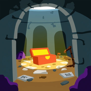 An ancient tomb with crumbling stone walls and a ceiling adorned with cobwebs stretching across the corners. In the center of the tomb, there is a glowing treasure chest, its lid slightly ajar, casting a warm, inviting light. The chest is surrounded by scattered bones and rusty weapons, hinting at hidden dangers within the tomb. Shafts of light break through cracks in the stone, illuminating the dusty floor covered in ancient runes and symbols. Shadows lurk in the background, suggesting the presence of unseen threats.