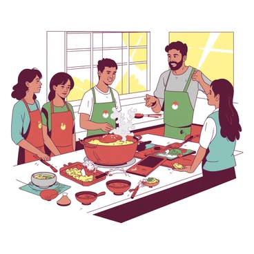 A group of students is gathered in a bright kitchen, attentively listening to an instructor as they learn to make "biryani." The instructor is demonstrating the cooking techniques, standing next to an array of ingredients displayed on a countertop, including colorful spices, vegetables, and rice. One student is stirring a large pot filled with steaming "biryani," while another is measuring spices into a small bowl. Various cooking utensils, such as knives and cutting boards, are scattered around them. Sunlight is streaming through the windows, illuminating the scene, creating a lively atmosphere for the cooking class.