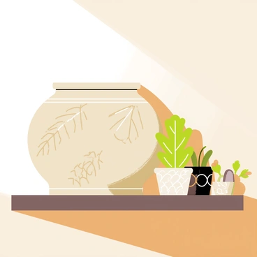 A ceramic pot with a rounded body, featuring intricate "fennel" motifs carved into its surface, is displayed on a wooden shelf. The pot has a smooth finish with earthy tones of beige and green. The shelf is made of dark wood and is against a light-colored wall, creating a warm contrast. The sunlight casts soft shadows on the pot, highlighting the detailed carvings of the fennel motifs. Small plants in decorative pots are arranged next to the ceramic pot, adding a touch of greenery to the scene.