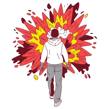 A monochrome figure walking into a burst of colorful illustrations
