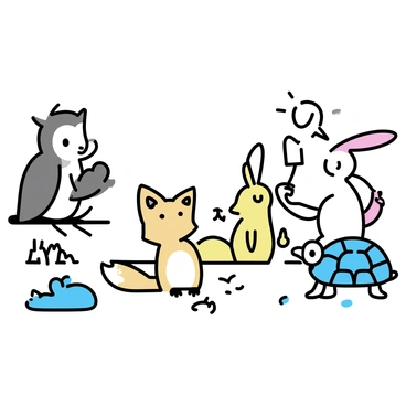 A group of cartoonish animals is gathered in a vibrant forest clearing. A wise-looking owl, perched on a low branch, is speaking to a curious fox sitting on the ground. The fox has its ears perked up and appears attentive. Nearby, a cheerful rabbit is holding up a piece of plastic waste, pointing at it with a concerned expression. A turtle with a thoughtful look is listening closely, its shell partially covered with bits of litter. In the background, trees and bushes frame the scene, with a few pieces of plastic scattered around, emphasizing the conversation about environmental concerns.