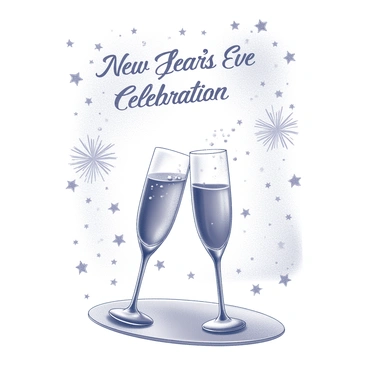 An invitation card featuring elegant typography stating "New Year's Eve Celebration" at the top. The background is filled with intricate drawings of fireworks bursting in various patterns, creating a festive atmosphere. Below the text, there are two champagne glasses clinking together, with bubbles rising from each glass. The glasses are styled with ornate details, standing on a reflective surface that hints at a celebratory setting. Additionally, decorative elements such as sparkling stars and confetti surround the composition, enhancing the celebratory theme.