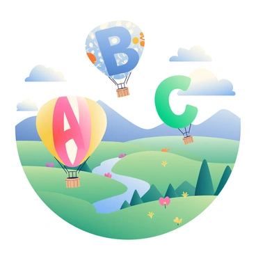 Hot air balloons in the shapes of the letters "A", "B", and "C" are soaring high above a scenic landscape. The balloon shaped like "A" is a vibrant red with yellow accents. The "B" balloon is blue with orange details, while the "C" balloon is a bright green with white patterns. Below them, rolling green hills stretch across the horizon, dotted with colorful wildflowers. A winding river reflects the sky, and a few fluffy white clouds float lazily above. In the distance, majestic mountains rise against the clear blue sky.