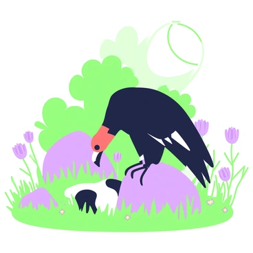 A turkey vulture is perched on a large rock, examining its prey with curiosity. The bird has a dark body and distinct red head, with its wings slightly spread as it leans forward. Below the vulture, there is a small animal, partially hidden in the tall grass of the meadow. Surrounding the meadow, various wildflowers add texture, swaying gently in the breeze. In the background, a cluster of trees provides depth to the scene, with sunlight filtering through the leaves. The sky above is clear, allowing for soft shadows cast by the vulture.