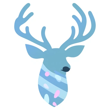 A deer's head is prominently featured, composed entirely of bold geometric shapes and patterns. The antlers are large and expansive, made up of triangular and rectangular forms, giving a striking silhouette. The body of the deer is filled with various interlocking patterns, including stripes and circles, in a mix of vibrant colors. The background is a soft gradient of pastel colors that enhances the overall composition while keeping the focus on the deer's head.