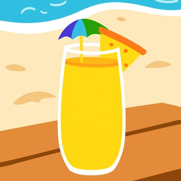 A refreshing tropical drink in a tall glass filled with bright yellow liquid, featuring a slice of pineapple resting on the rim. The glass has condensation beads on its surface, indicating a chilled drink. A small, colorful umbrella is nestled in the glass, casting a cheerful shadow. The drink is placed on a rustic wooden beach table with warm, sunlit tones. In the background, soft sand is visible, with gentle waves lapping at the shore. The scene conveys a sense of summertime relaxation.