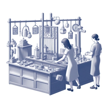 A market stall featuring a variety of ironwork crafts and tools. The stall is filled with intricately designed items, including ornate iron gates, detailed sculptures, and finely crafted tools. Each piece showcases intricate patterns and textures, highlighting the skill involved in their creation. The stall is arranged neatly to allow for easy viewing of each item, with some pieces hanging from hooks and others displayed on wooden shelves. The setting is lively, with customers examining the unique craftsmanship and artisans demonstrating their techniques nearby.