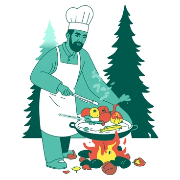 A teal chef wearing a white apron is standing beside an open campfire, diligently cooking. The campfire has vibrant orange flames dancing around, illuminating the scene. In the chef's hand, there is a shiny silver pan resting over the fire, filled with colorful vegetables, including bright yellow bell peppers, deep red tomatoes, and vibrant green zucchini, all sizzling and releasing steam. The background features tall trees, and the ground is covered with fallen leaves, enhancing the outdoor camping atmosphere.