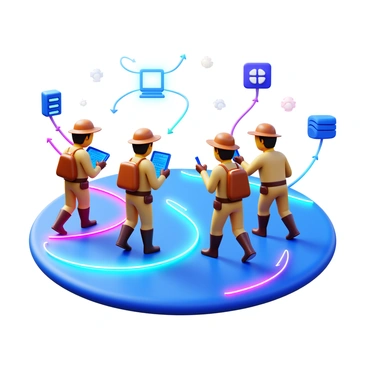 A group of explorers wearing khaki safari outfits is navigating through a digital landscape. They are surrounded by vibrant, glowing pathways that represent DNS paths, twisting and turning in various directions. Each path is illuminated with neon colors, indicating different network routes. The explorers are interacting with digital devices, analyzing the flow of data around them. In the background, abstract representations of data packets and server icons are visible, adding to the technological theme of the scene.