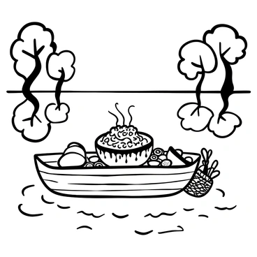 A wooden boat floating on a calm lake, with rippling water surrounding it. In the center of the boat, there is a large, ornate bowl filled with aromatic biryani, steam rising from it. Next to the bowl, there are several small dishes containing chutneys and raita. Surrounding the boat are lush trees reflected in the water, creating a serene atmosphere. There are two colorful cushions placed on the boat for seating and a woven basket nearby, holding utensils for serving.