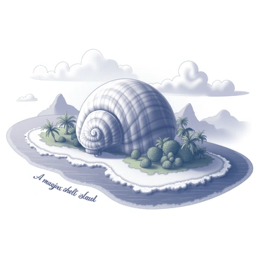 A large island forms the shape of a giant conch shell. The island's surface features intricate ridges and spirals that mimic the natural structure of a seashell. Surrounding the island, crystal-clear water gently laps against the shore, with small waves creating a frothy edge. Lush greenery grows along the island's curves, with clusters of tropical plants and palm trees dotting the landscape. In the background, there are distant mountains that rise majestically, partially shrouded in mist. The sky above is filled with fluffy clouds, creating a serene atmosphere. "A magical conch shell island" is inscribed in elegant script along the shoreline.