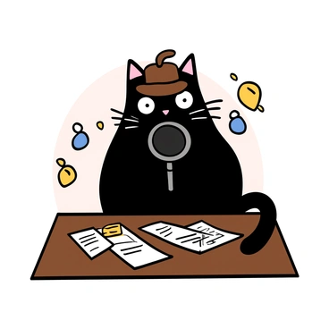 A black cat with big eyes and sleek fur is sitting on a wooden table. The cat is wearing a tiny brown detective hat perched jauntily on its head. In front of the cat, there is a large magnifying glass, which the cat is examining intently. Its whiskers are visibly twitching with curiosity, and there are several scattered papers and paw prints around it, adding to the detective theme. The background features a soft, light color to create a contrast with the dark fur of the cat.