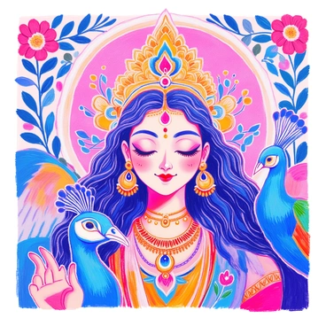 A close-up of "Durga's face" shows her serene expression, adorned with intricate jewelry and a beautifully decorated crown. Surrounding her are mythical creatures, including "a majestic elephant" on one side, with its large ears flared and trunk raised. On the other side, "a vibrant peacock" displays its colorful feathers, adding to the composition. The scene is filled with rich details that enhance her divine aura, including floral patterns in the background and a soft glow illuminating her features.