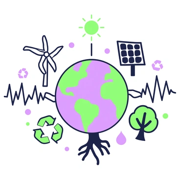 An illustration of "Earth" is centered in the image, showcasing its geographic features and vibrant colors. Surrounding the planet, a "heartbeat line" runs through the composition, visibly connecting various sustainable elements. To the left, there is a depiction of a "wind turbine" with blades spinning in motion. To the right, a "solar panel" is angled towards an imagined sun above, reflecting light. Below the Earth, a "tree" with a wide trunk and leafy branches extends its roots into the ground. Elements like a "recycling symbol" and a "water droplet" are integrated into the heartbeat line, visually linking them to the planet. Each sustainable element is intricately detailed, emphasizing their connection to Earth and environmental care.