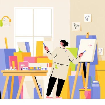 An artist stands in a cluttered studio filled with various canvases resting against the walls. The artist has paint splatters on their smock, and they are focused on a canvas on an easel. Brushes and palettes are scattered across a wooden table, with vibrant colors of paint squeezed from tubes. A window lets in natural light, illuminating the room and highlighting the chaos of art supplies, including jars of paint, and crumpled sketches. Various artworks hang on the walls, showcasing different styles and unfinished pieces.