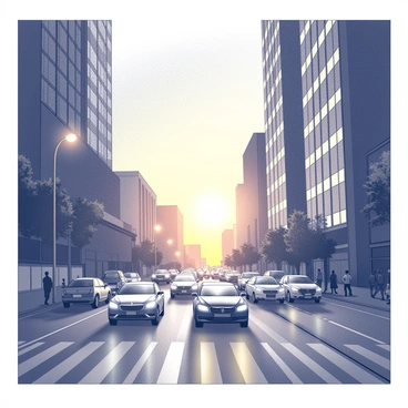 A busy city street during sunset. The sky is filled with the fading light of the day, casting long shadows. Streetlights are beginning to illuminate, their soft glow contrasting with the dimming natural light. Cars are moving along the road, some with headlights on. Sidewalks are bustling with pedestrians, some stopping to chat or looking at their phones. Tall buildings line the street, featuring large windows that reflect the sunset's light.