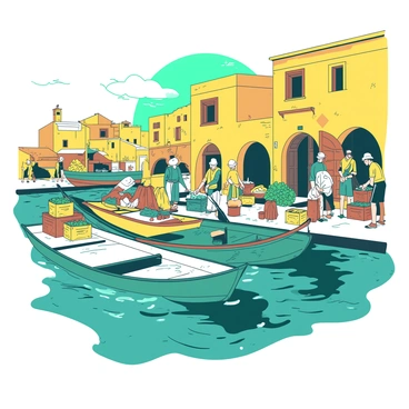 A vibrant yellow old port bustling with activity. In the foreground, there are two traditional wooden boats, painted in teal, gently bobbing on the water. Fishermen are seen unloading crates of fresh fish and other goods, creating a lively scene. Along the docks, merchants are engaging in trade, displaying colorful fabric and local produce. The sun shines brightly, casting dynamic shadows and illuminating the rich textures of the scene. In the background, there are buildings with weathered facades, emphasizing the historic charm of the port.