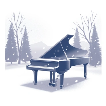 A grand piano positioned in the center of a snowy landscape. The piano is black and polished, reflecting the muted light of the overcast sky. Snow is gently falling, creating a soft layer on the piano's surface and surrounding ground. The background features a blanket of snow covering the ground, with tall, bare trees framing the scene. The atmosphere is serene, with snowflakes delicately drifting through the air. The entire scene is enclosed in a tranquil, wintery ambiance.