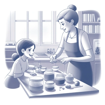 A nostalgic illustration of Frances as a child, excitedly making jam with her grandmother.