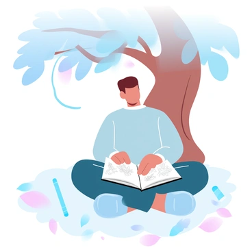 A person is sitting cross-legged under a large tree with a thick trunk and sprawling branches. The person has short hair and is wearing a comfortable sweater. An open sketchbook is resting in their lap, displaying intricate pencil drawings. The ground is covered with a soft blanket of fallen leaves in gradient pastel colors. Gentle light filters through the tree's leaves, casting delicate shadows around them. There are a few art supplies scattered nearby, including colored pencils and an eraser. A sense of tranquility surrounds the scene.