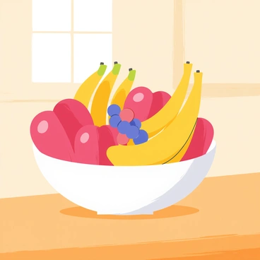 A round bowl with a smooth surface is placed on a wooden kitchen table. The bowl is filled with a variety of fresh fruits, including shiny red apples, bright yellow bananas, and clusters of vibrant berries in shades of blue and red. The fruits are arranged in a way that showcases their colors and textures, creating an inviting and appetizing display. The kitchen table has a warm, rustic appearance, enhancing the overall presentation of the fruit bowl.