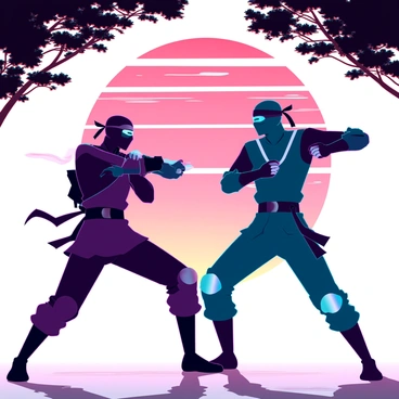 Two skilled ninjas engaged in a dramatic duel, poised in dynamic combat stances. One ninja wears a sleek black outfit, with a mask obscuring their face, while the other sports a dark blue ensemble, highlighted by silver accents. They are surrounded by flowing red and orange hues of a vibrant sunset, which casts dramatic shadows on the ground. The silhouettes of trees frame the scene, and a slight breeze causes the ninjas’ clothing to billow, adding tension to their fierce confrontation. The atmosphere is charged with energy as each ninja prepares to strike.