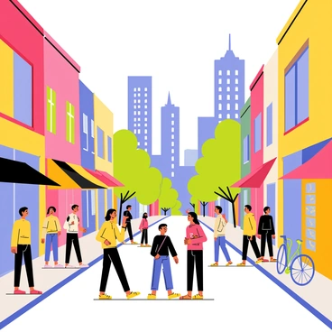 A bustling city street filled with people walking and chatting. The sidewalks are lined with colorful storefronts. Large, vibrant graffiti and murals decorate the walls, showcasing a variety of artistic styles. Skyscrapers rise in the background, contrasting against the vivid colors of the street art. A few bicycles and parked cars occupy the roadside. Brightly lit shop signs add to the lively atmosphere of the scene.