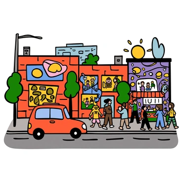 A compact car in bright red color parked on a busy street in a bustling urban neighborhood. The car is situated next to a sidewalk filled with pedestrians walking by. Colorful street art murals decorate the brick walls of nearby buildings, showcasing various designs and patterns. There are small trees lining the street, and a food cart can be seen in the background with people gathering around it. Sunlight is shining down, highlighting the vibrant scene.