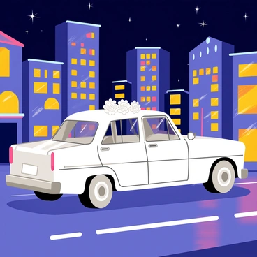 A wedding car with elegant decorations is cruising through a cityscape at night. The car is white with silver accents, adorned with white flowers on the hood and ribbons streaming from the side mirrors. Brightly lit buildings tower in the background, showcasing a mix of modern and classic architecture. Neon signs in vibrant colors illuminate the streets, casting reflections on the sleek surface of the car. The night sky is deep blue, dotted with stars, creating a romantic atmosphere.