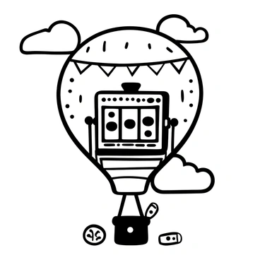 A vintage slot machine is prominently displayed inside a hot air balloon. The hot air balloon is adorned with classic patterns, having a large, round shape, and is tethered by colorful ropes. The background features fluffy clouds that fill the sky, creating a sense of depth and elevation. The slot machine has three spinning reels showing various symbols like the "cherry," "bar," and "seven." A few coins are scattered around the inside of the balloon, reflecting an atmosphere of excitement and chance.