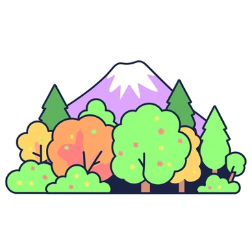 Mount Rainier rises majestically in the background, its snow-capped peak glistening under clear skies. In the foreground, a dense arrangement of trees surrounds the base of the mountain. The trees are adorned with vibrant autumn leaves, showcasing a mix of shapes and sizes. Some trees have broad, round canopies while others are tall and slender. Patches of ground are visible through the foliage, revealing fallen leaves scattered across the earth. The scene captures the essence of autumn with its rich textures and varied tree species.