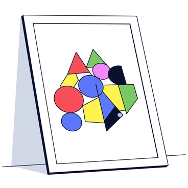 A framed wall art print features a collection of abstract geometric shapes. The print includes circles, triangles, and rectangles arranged in an intriguing composition. The shapes are filled with bold colors such as red, blue, yellow, and green. The frame around the print is a simple black design, highlighting the vibrant colors of the artwork. The print is displayed against a plain white wall.