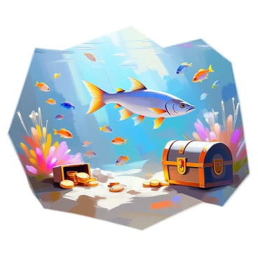 An underwater scene features a sleek pike fish gliding gracefully through the clear blue water. Surrounding the pike are vibrant schools of small fish in various colors, including bright yellows, deep blues, and fiery reds. The sunlight filters down from the surface, casting shimmering patterns on the sandy ocean floor. Scattered among the coral and seaweed are sunken treasures, including a rusted chest half-buried in the sand and glimmering gold coins sparkling in the light. The scene captures the dynamic movement of the fish and the serene beauty of the underwater world.
