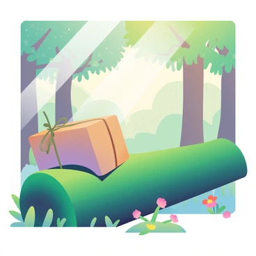 A mysterious parcel wrapped in brown paper and tied with twine is resting on a mossy log. The log is covered in vibrant green moss, and the surrounding forest is filled with tall trees whose leaves are allowing beams of sunlight to filter through, creating a dappled light effect on the forest floor. The background features various shades of green from the foliage and hints of earthy brown from the tree trunks. Small wildflowers are scattered around the base of the log, adding pops of color to the scene.