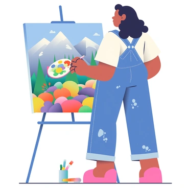 An artist with medium skin and curly black hair is standing in front of an easel, passionately painting a vibrant landscape. She is wearing a loose-fitting white shirt and denim overalls, with splatters of paint on them. In the background, a majestic mountain range rises with peaks capped in white snow under a clear blue sky. The foreground features a diverse array of colorful flowers in various hues such as red, yellow, and purple. The artist is holding a palette filled with bright paints in her left hand while using a brush in her right hand to apply vivid strokes onto the canvas. An open paint tube lies on the ground beside her, and brushes of different sizes are contained within a small holder on the easel.