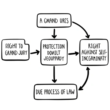 A black-and-white illustration of a flowchart displaying the rights provided under the Fifth Amendment. The flowchart includes clear boxes labeled with rights such as "Right to a Grand Jury," "Protection Against Double Jeopardy," "Right Against Self-Incrimination," and "Due Process of Law." Arrows connect the boxes to indicate the relationships and sequence between the rights. The flowchart is organized in a logical manner, with lines connecting each element, creating an easy-to-follow structure.