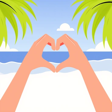 Two hands forming a heart shape are positioned in the foreground. The hands are slightly tanned, showing a relaxed grip. In the background, there is a tropical beach with soft white sand. Tall, green palm trees are swaying gently in the breeze, framing the beach scene. Bright blue skies with a few fluffy white clouds enhance the cheerful atmosphere. The ocean waves are gently lapping at the shore, adding a sense of tranquility to the image.