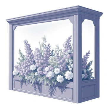 A shop window featuring an elaborate display filled with seasonal flowers. The arrangement includes various types of blooms, showcasing their shapes and textures. Surrounding the flowers, there is lush greenery that enhances the overall aesthetic. The window is framed with intricate details that complement the vibrant floral display. The setting suggests a welcoming atmosphere, inviting passersby to take a closer look at the beautiful presentation.