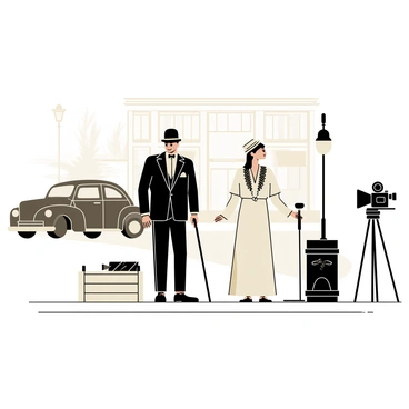 A black and white scene depicting a vintage film set with two actors. The first actor is dressed in a formal suit with a bowler hat, holding a cane, while the second actor wears a long, elegant dress with lace details and a feathered hat. The background features an old-fashioned street with a vintage car parked nearby. A film camera on a tripod is positioned to capture the scene, and there are vintage props scattered around, including a wooden crate and an old lamppost. The atmosphere conveys a sense of classic cinema.