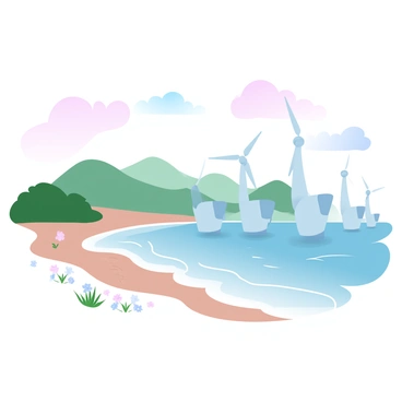 A tidal energy facility with several large turbines situated near the shore, surrounded by gentle waves. The facility features sleek, modern structures that blend into the coastal landscape. In the background, there are rolling hills covered in green vegetation. A sandy beach stretches along the foreground, with patches of colorful wildflowers growing nearby. Above the scene, the sky displays gradient pastel colors transitioning from soft pinks to light blues, reflecting the calmness of the coastal environment.