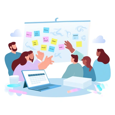 A marketing team is gathered around a large whiteboard filled with colorful sticky notes in various shades of blue, pink, yellow, and green. Each sticky note has different keywords and ideas written on it, indicating the components of a new campaign strategy. The team members, consisting of a diverse group of individuals, are actively discussing the notes. In the foreground, a laptop displays a digital calendar with deadlines marked, while a coffee cup sits beside it. A large stack of blank sticky notes is visible on the table, ready for additional brainstorming. Various markers are scattered around, indicating ongoing collaboration and creativity.