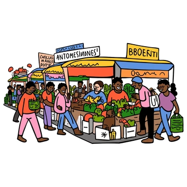 A bustling market scene in Bangalore, filled with colorful stalls displaying various fruits, vegetables, spices, and textiles. Shoppers of diverse backgrounds are walking through the market, some carrying bags filled with purchases. Brightly colored banners and signs hang above the stalls, adding to the lively atmosphere. A vendor is seen enthusiastically interacting with customers at one of the stalls, showcasing a vibrant display of fresh produce. The ground is lined with a mix of people and goods, creating a dynamic, busy environment.