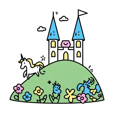 A fairy tale castle with tall, pointed towers and a flag waving at the top, situated on a green hill. The castle's walls are adorned with intricate designs, and its windows reflect light. Surrounding the castle, various magical creatures like a unicorn with a shimmering horn and a small dragon with colorful scales are present. Lush, vibrant flowers in multiple colors bloom around the base of the hill, complementing the enchanting atmosphere. The sky above is clear with a few fluffy clouds.