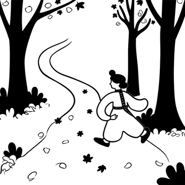 A Shugao figure walking down a winding path that is covered in a layer of fallen autumn leaves. The leaves are scattered across the path in various shapes and sizes, creating a textured surface. The Shugao figure is dressed in traditional attire, with flowing garments that have intricate patterns. Surrounding the path are tall trees with branches extending overhead, their leaves partially fallen, enhancing the autumn atmosphere. The ground is layered with both brown and black leaves, contributing to the scene's depth.