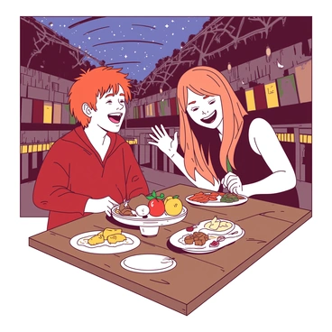 In the Great Hall, a red-haired boy named "Ron Weasley" is laughing heartily. He is seated between "Harry" and "Hermione." "Harry" has a bright smile on his face, while "Hermione" is leaning in closer, her eyes sparkling with amusement. The long wooden table in front of them is laden with various dishes of food. Banners hang from the ceiling, and the enchanted ceiling reflects the starry night outside. "Ron" is gesturing animatedly, clearly sharing a humorous story. The atmosphere is lively and filled with the warmth of friendship.