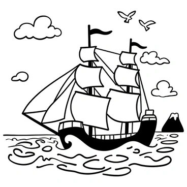A large sailing ship with billowing sails navigating through tumultuous waves. The ship is adorned with intricate rigging and flags fluttering in the wind. In the background, distant islands with rocky cliffs emerge from the water. Seagulls are flying above the ship, adding to the dynamic atmosphere of the scene. The ocean is depicted with swirling patterns to illustrate movement, and there are splashes of foam rising from the crashing waves. The sky is filled with dramatic clouds, enhancing the sense of adventure and grandeur in the maritime setting.