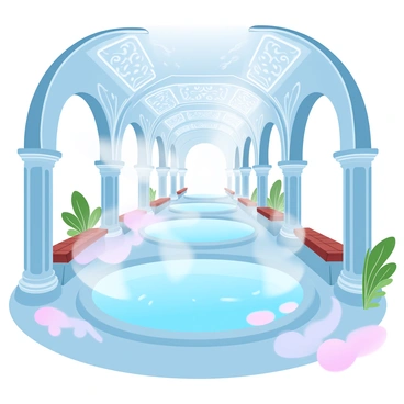 An elaborate bathhouse with intricate architectural details, showcasing arches and ornate columns. The structure is adorned with glowing lights in soft hues that create a warm ambiance. Ethereal steam rises gracefully from large pools filled with clear water, capturing reflections of the lights above. Various wooden benches are placed around the pools, and lush plants are positioned in the corners, adding to the tranquil atmosphere. The ceiling is high and domed, with decorative patterns subtly illuminated by the soft glow.