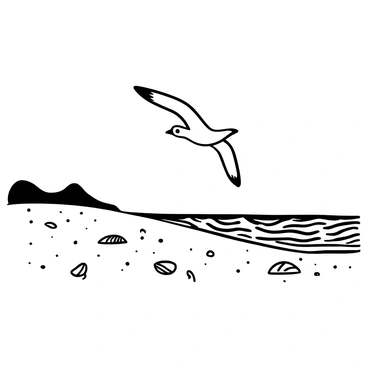 A seagull soaring over a sandy beach with gentle waves in the background
